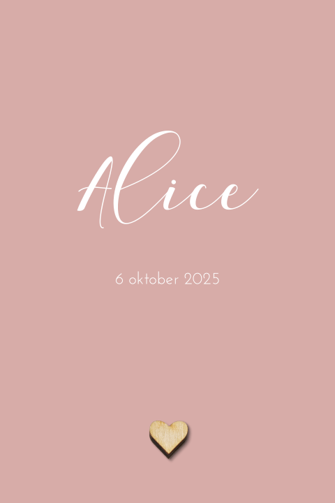 Stijlvol roze babykaartje met bij te bestellen houten hartje