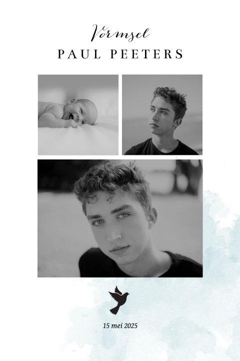 Vormsel uitnodiging met blauwe aquarel en duifje