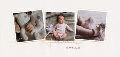 Panorama babykaartje met polaroid foto's en roségoudfolie