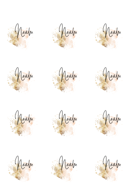 Hexagon naamkaartjes met roze waterverf en gouden spetters 