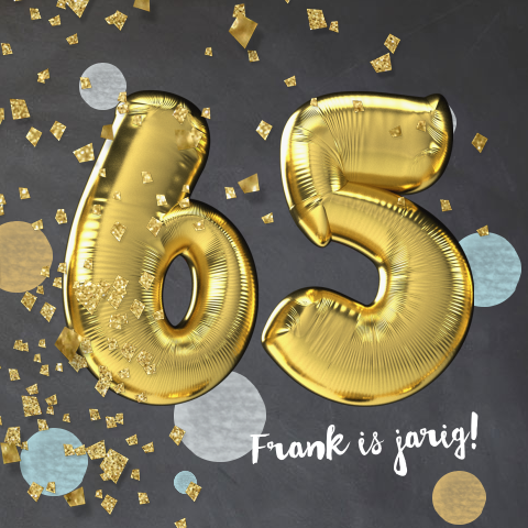 Vrolijke uitnodiging 65ste verjaardag met gouden folie ballon