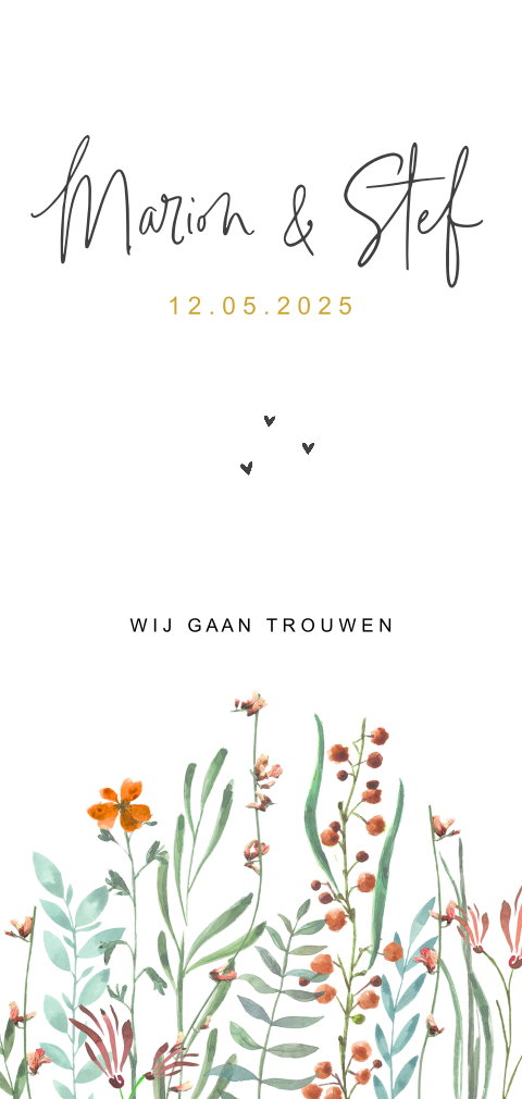 Langwerpige trouwkaart met veldbloemen