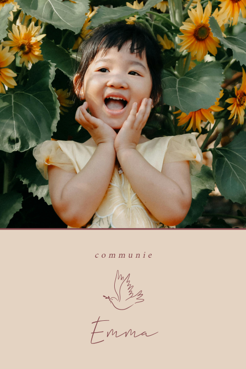 Communiekaartje met foto, roze achtergrond en duif