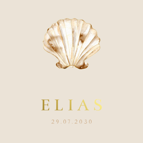 Geboortekaartje met schelp en goudfolie