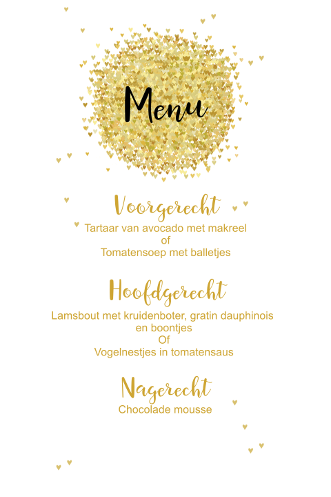 Menukaart voor communie met gouden hartjes