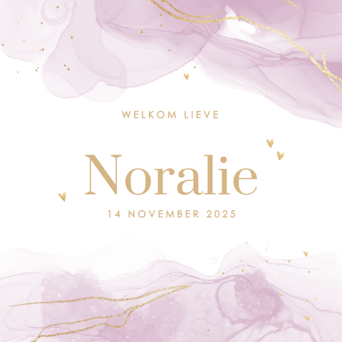 Modern geboortekaartje met roze watercolour en gouden hartjes