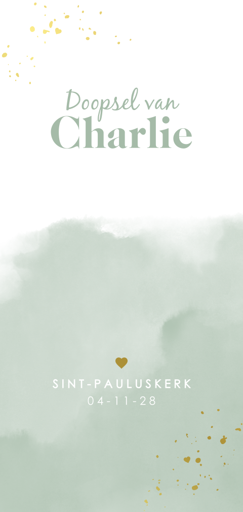 Modern doopkaartje met groene aquarel en goudfolie