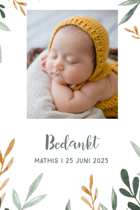 Bedankkaart met botanische takjes en babyfoto