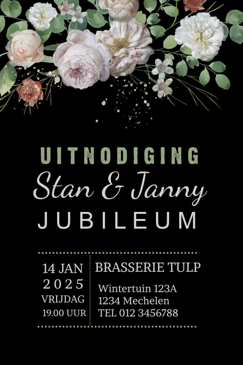 Jubileumkaart met bloemen en takjes op donkere achtergrond