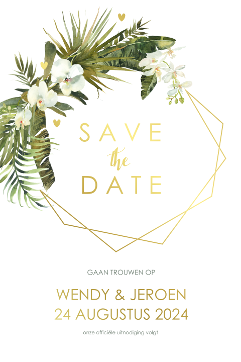 Save the Date kaart met orchidee en goudfolie geometrische vormen