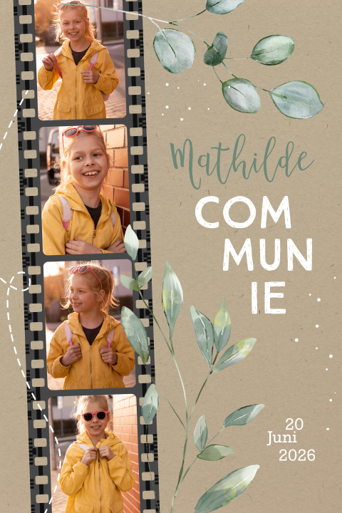 Communiekaart met fotostrip en eucalyptustakjes op kraftlook