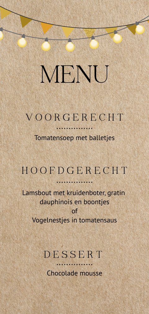 Menukaart met slingers en lampjes op kraftlook