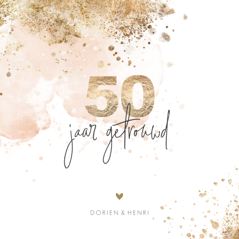 50 jaar getrouwd uitnodiging met roze watercolor en gouden spetters
