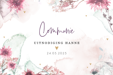 Communiekaartje voor meisje met bloemen en waterverf