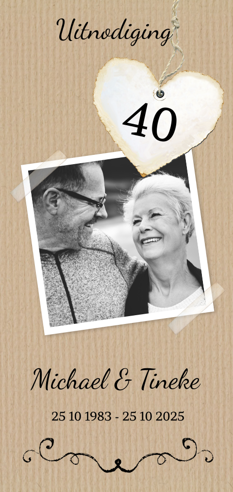 Jubileumkaart 40 jaar met foto op kraft en hartje