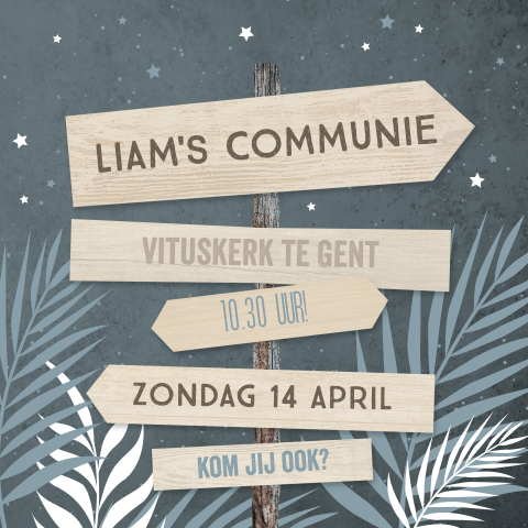 Trendy communiekaart met houten paal en takjes op donkere achtergrond