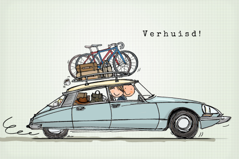 Verhuiskaart met illustratie van een auto en fietsen op de dak
