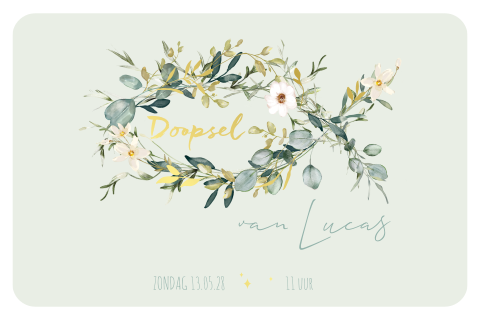 Luxe doopkaartje met goudfolie en een visje van takjes en bloemen