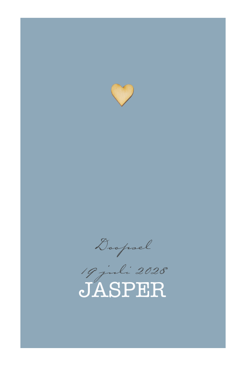 Doopkaartje met blauwe achtergrond en houten hartje (optioneel)