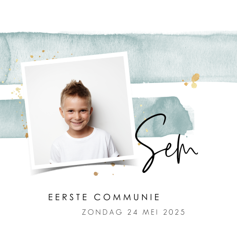 Communiekaartje voor jongen met waterverf en foto