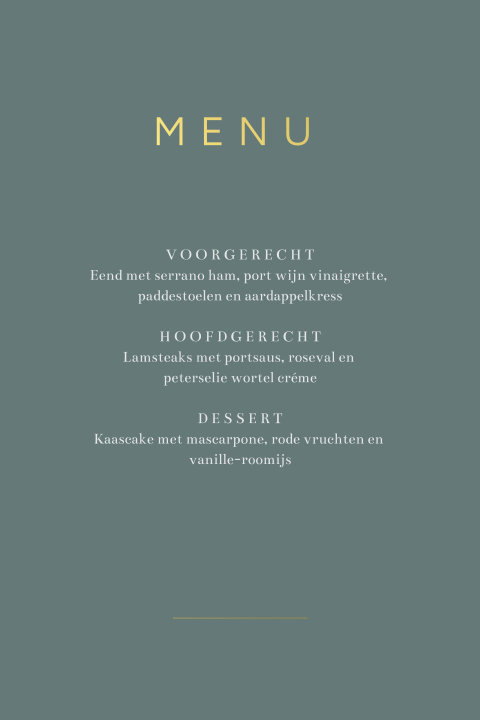 Menukaart in eenvoudig design met dubelzijdig goudfolie tekst