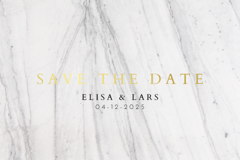 Trendy save the date kaart met goudfolie op marmer