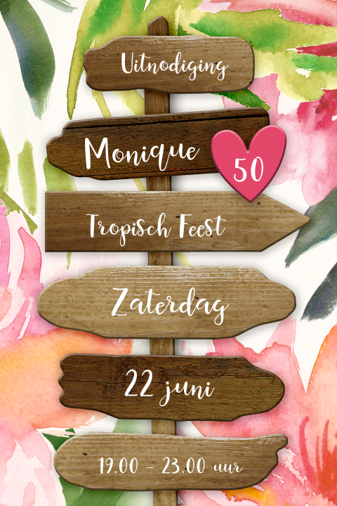 Uitnodiging met tropische bloemen, houten wegwijzer en roze hart