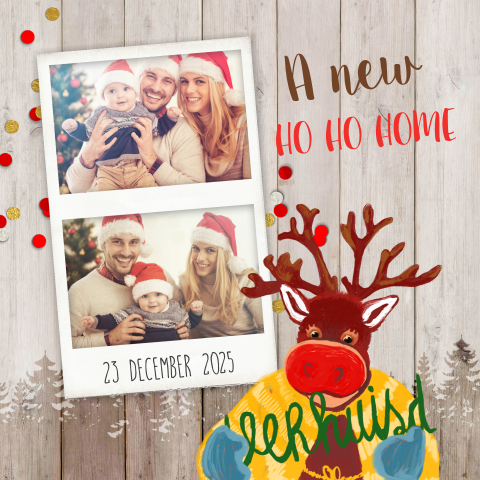 Knusse kerst verhuiskaart met fotostrip rendier en hout