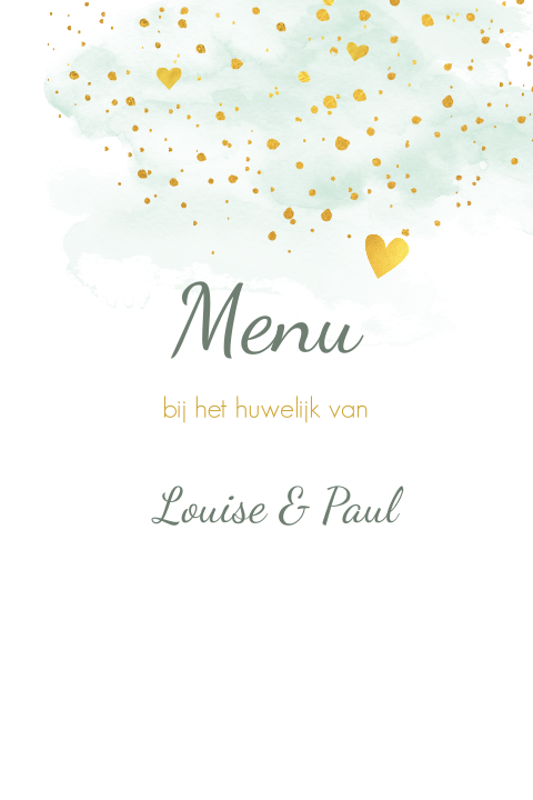 Menukaart met mintgroene waterverf en hartjes