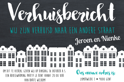 Stoer verhuiskaartje met silhouet-huizen