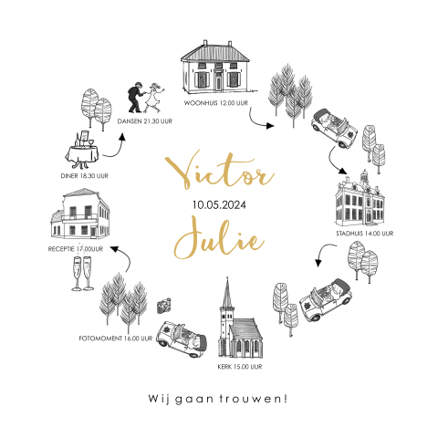 Originele trouwkaart met geïllustreerde tijdlijn