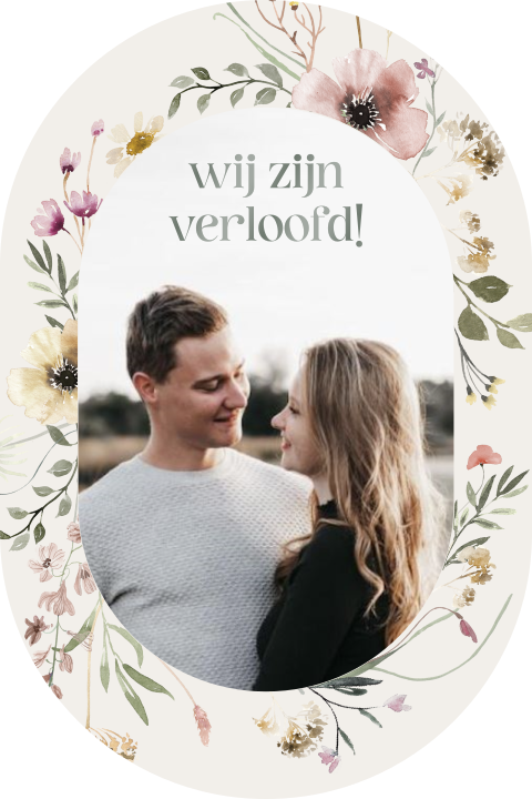 Stijlvolle verlovingskaart in ovaal met naturel bloemen
