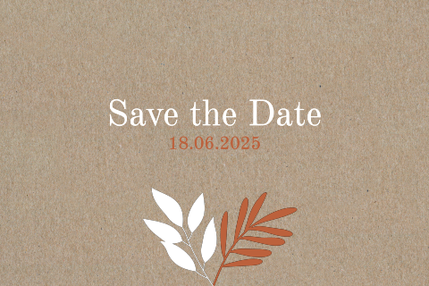 Save the date kaart met takjes in roestbruin en wit op kraft