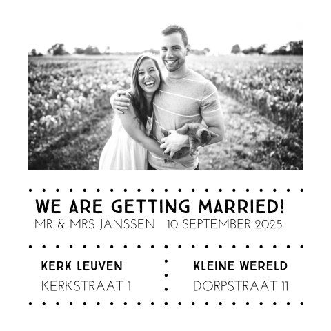 Moderne trouwkaart met foto in zwart wit