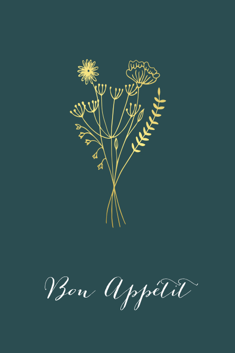 Menukaart met goudfolie bloemen in donkergroen