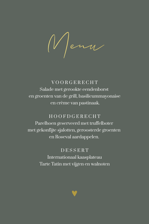 Menukaart met goudfolie hartje op donkergroen