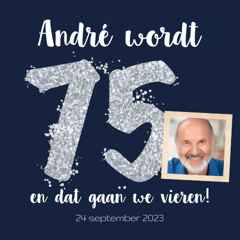 Uitnodiging 75 jaar met zilver glitters en foto
