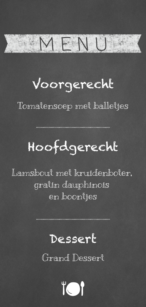 Menukaart met witte tekst op krijtbord