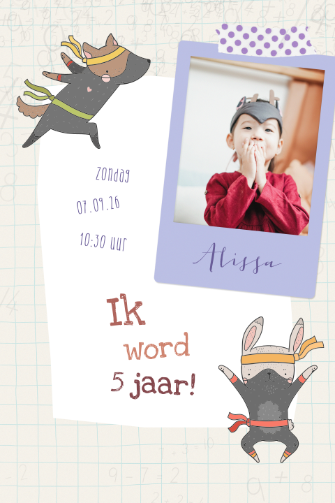Kinderuitnodiging voor een meisje met ninja's en foto