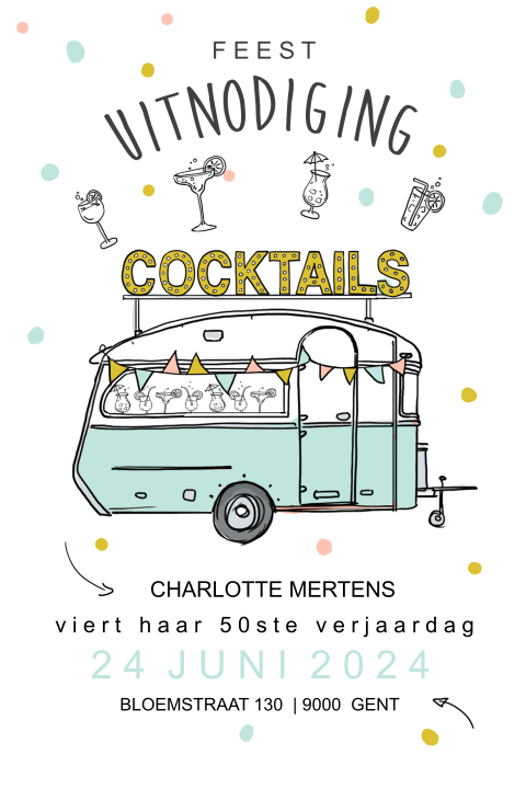Vrolijke uitnodiging 50e verjaardag met getekende caravan en confetti