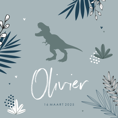 Stoer geboortekaartje met dinosaurus en bladeren