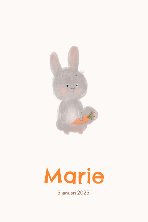 Geboortekaartje met schattig konijntje en wortel