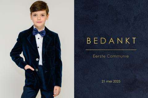 Communie bedankkaart met blauwe velvetlook en goudfolie
