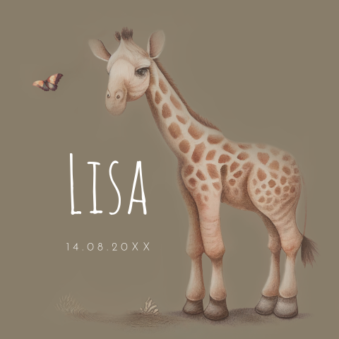 Lief geboortekaartje met giraffe en vlinder