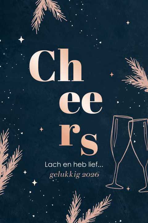 Trendy kerstkaart met champagneglazen en roségoudfolie sterretjes