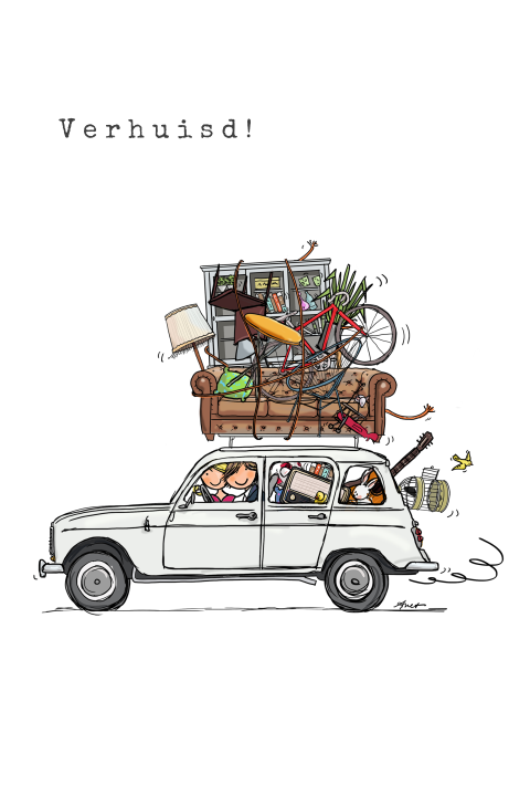 Grappige verhuiskaart met vol geladen oude auto