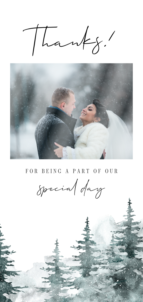 Winterbedankkaart met foto en dennenbomen in aquarel