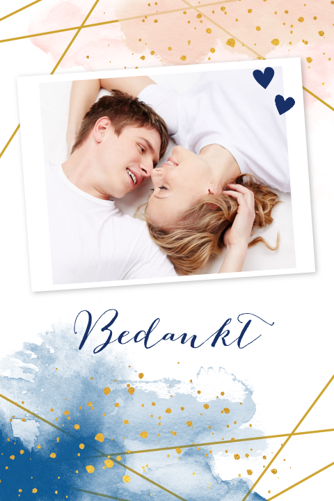 Bedankkaart met foto en watercolor in roze en blauw