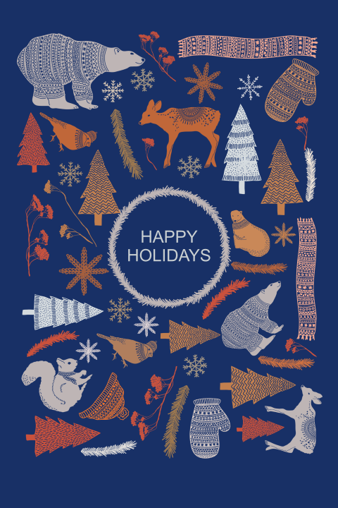 Chique kerstkaart met tekening dieren en kerstbomen