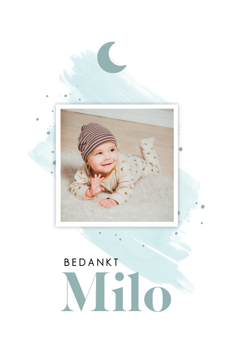 Bedankkaart met babyfoto en blauwe maan